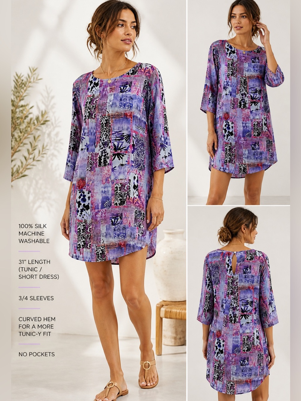 Tianello Silk Tunic Dress Patchwork Boho Purple Pink XS